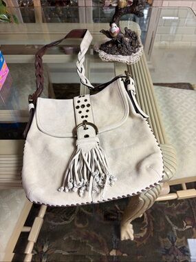 Coach Cream Suede Shoulder Bag with Brown Leather Trim